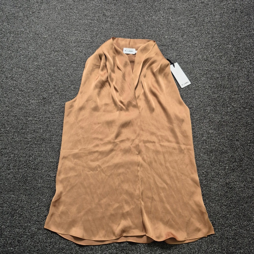 R Label Satin Pleated Tank Camel Brown Womens XS Sleeveless Draped Neck Blouse